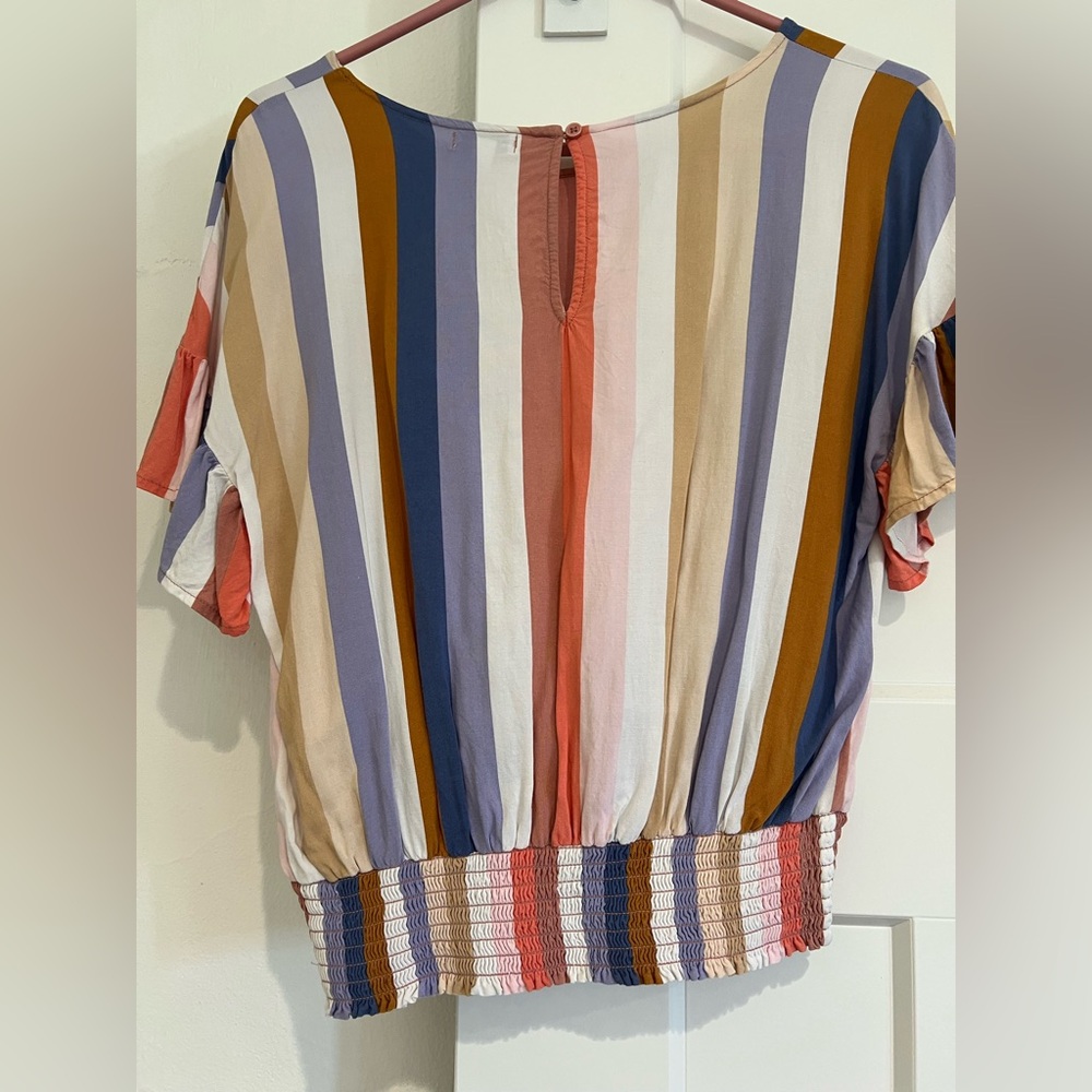 love, Fire Striped Short Sleeve Blouse in Coral, Blue, Tan, White
